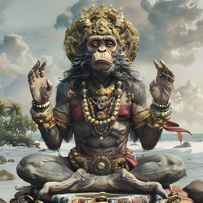 Meditierender Affengott im tropischen Setting